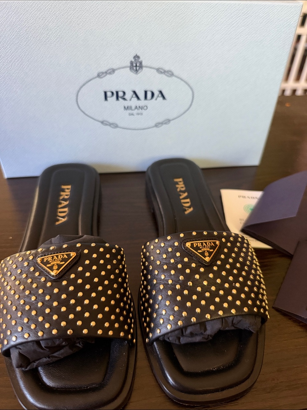 PRADA Nappa Leather Studded Slides - 37 EU